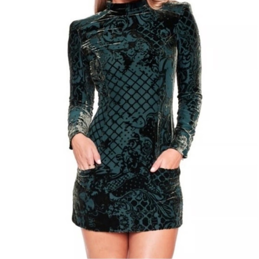 Balmain X H&M Green Silk Viscose Velvet Floral High Neck Chic Mini Dress NWT 6